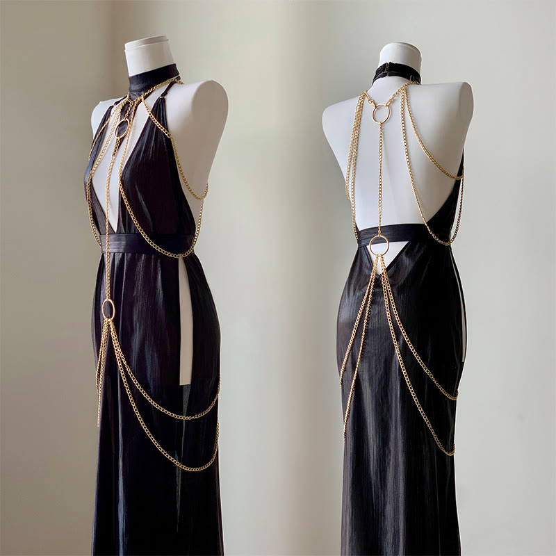 Sexy Hollow Out Backless Chain Split Dress - image 1