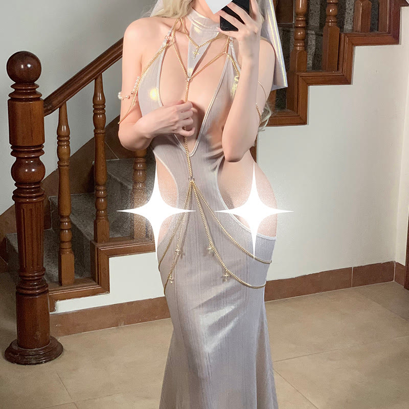 Sexy Hollow Out Backless Chain Dress - Pink - One Size - image 2