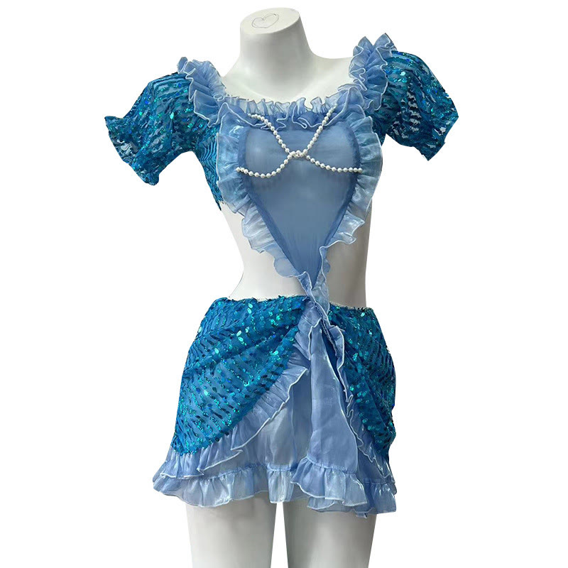 See-through Pearl Sequins Lingerie Dress - Blue - One Size - image 2