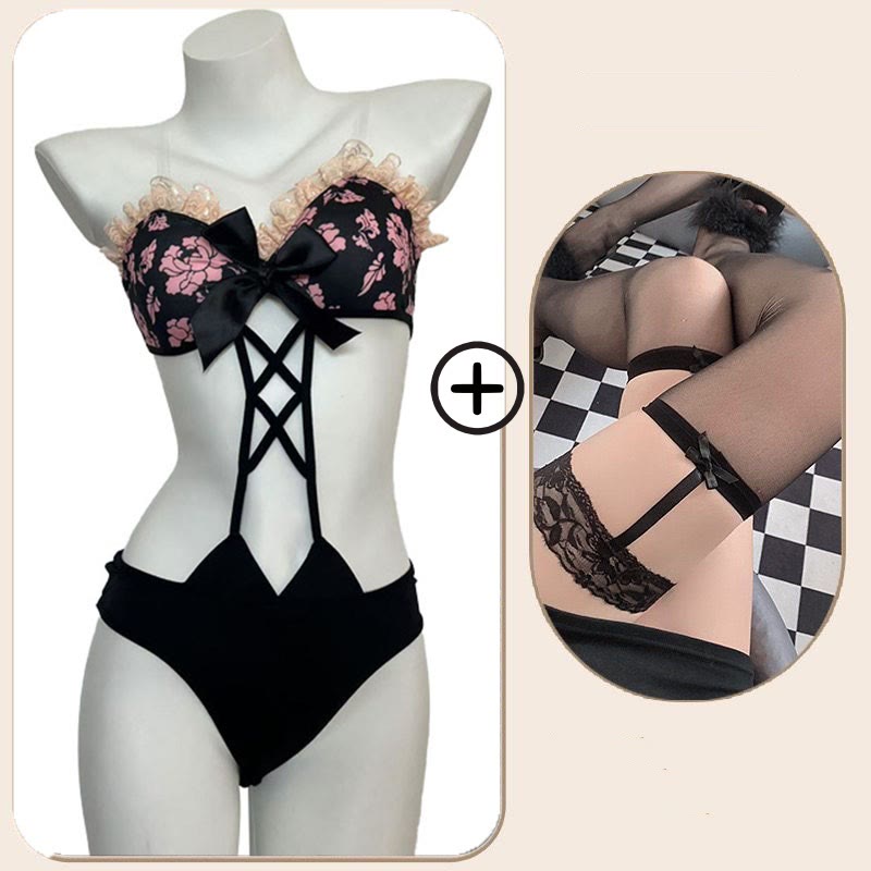 Flower Print Hollow Out Jumpsuit Lingerie - Set A - One Size - image 2