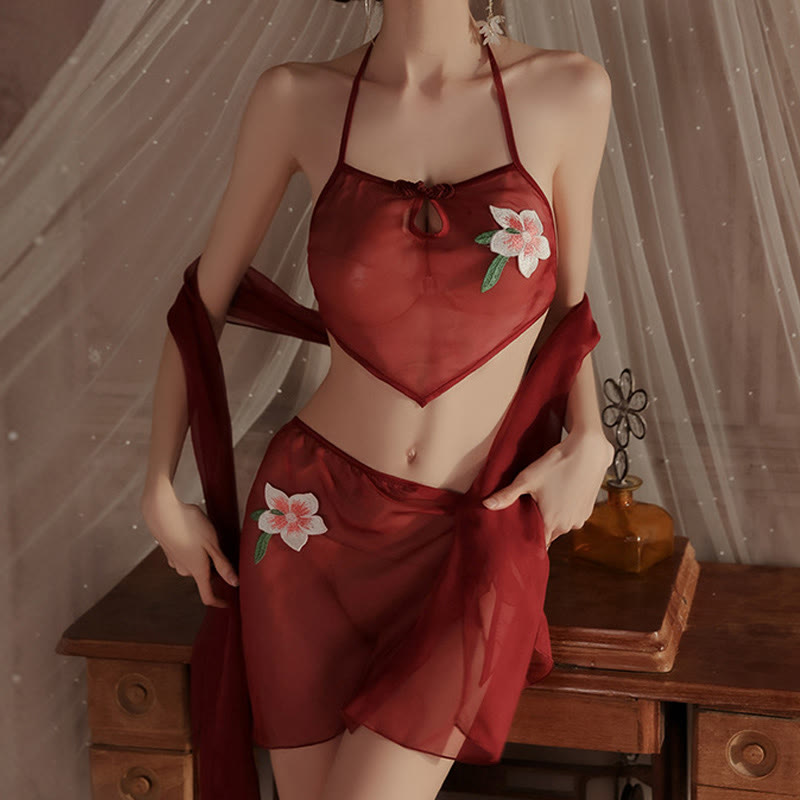 Flower Embroidery See-through Backless Lingerie Set - image 1