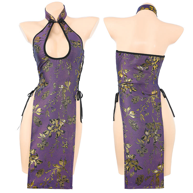 Cheongsam Hollow Out Slit Lingerie Dress - Purple - One Size - image 2