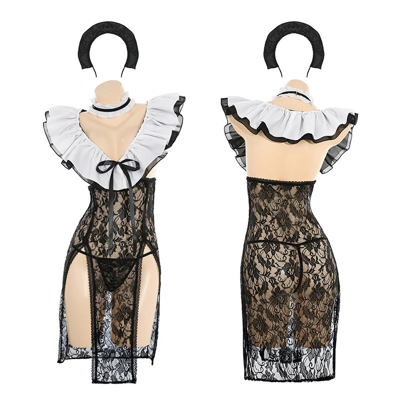 Lace See-through Hollow Out Backless Lingerie Dress - Black - One Size - image 2