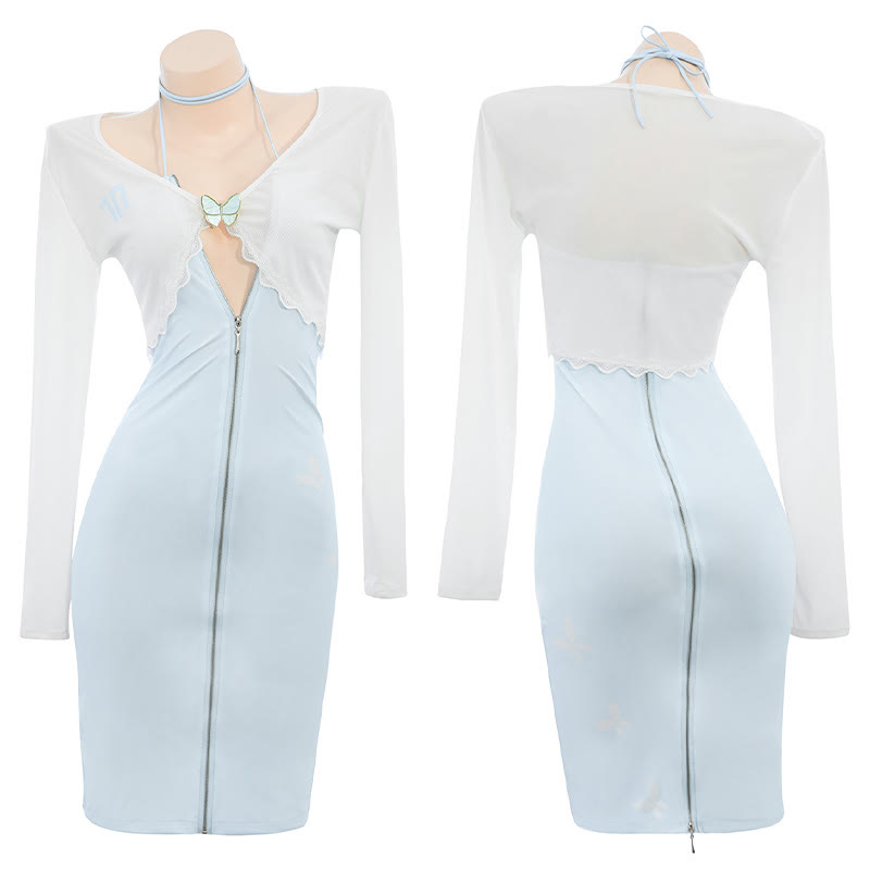 Butterfly See-through Zip-Up Lingerie Dress - Blue - L - image 2
