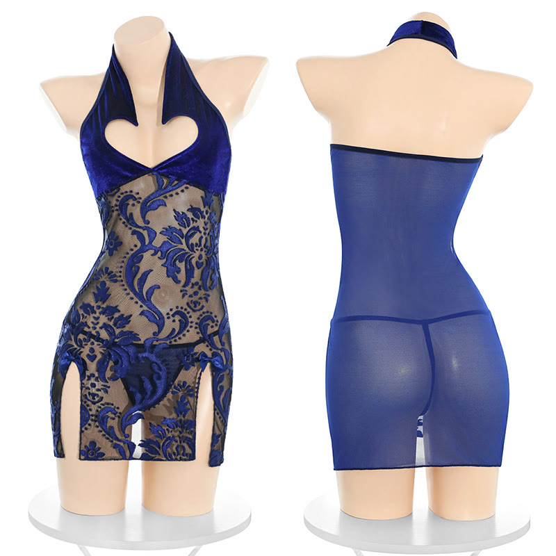 See-through Hollow Out Slit Lingerie Dress - Set A - One Size - image 2