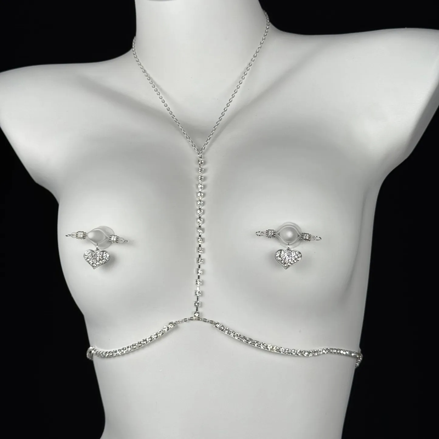 Rhinestone Heart Adjustable Non-Piercing Nipple Rings with Body Chain - Silver - Nipple Clamps & Bra Chain - image 4