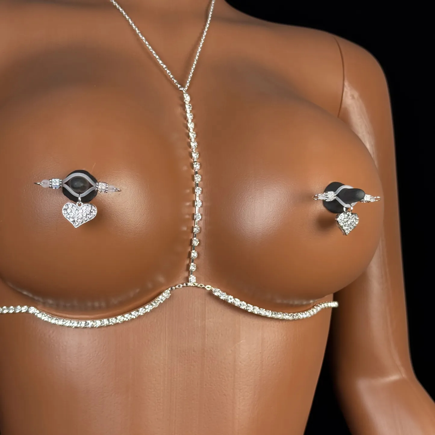 Rhinestone Heart Adjustable Non-Piercing Nipple Rings with Body Chain - image 3