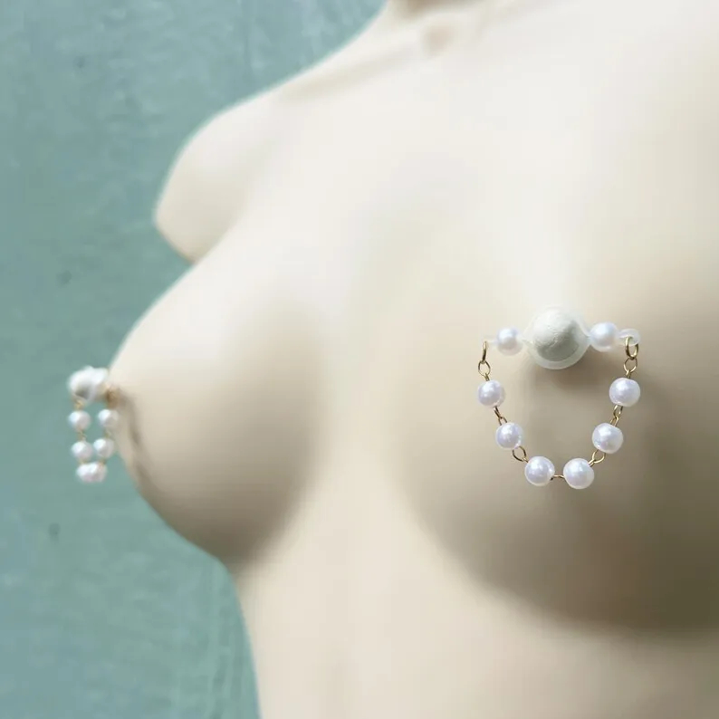Pearl Adjustable Silicone Loop Nipple Rings - White & Gold - 2 (a pair) - image 2