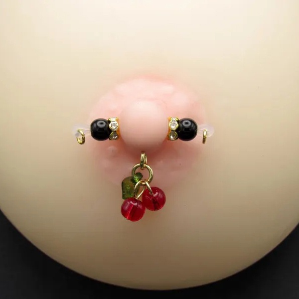 Fake Nipple Rings With Cherry Charms - Red - 2 pack (one pair) - image 2