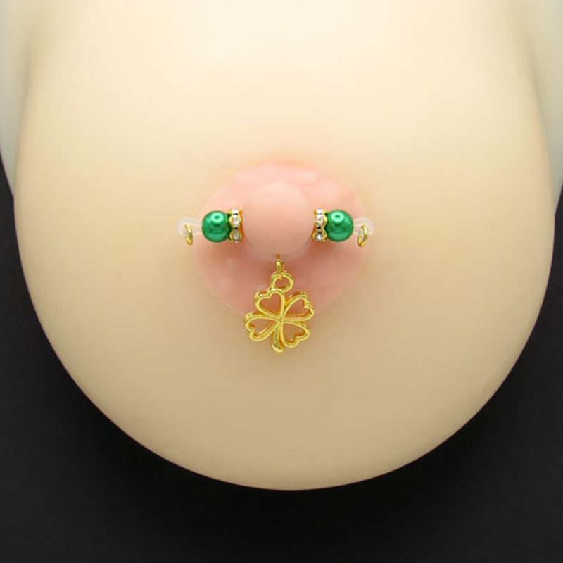 Four-Leaf Clover Charm Adjustable Non-Piercing Nipple Rings - Green - 2 pack (one pair) - image 2