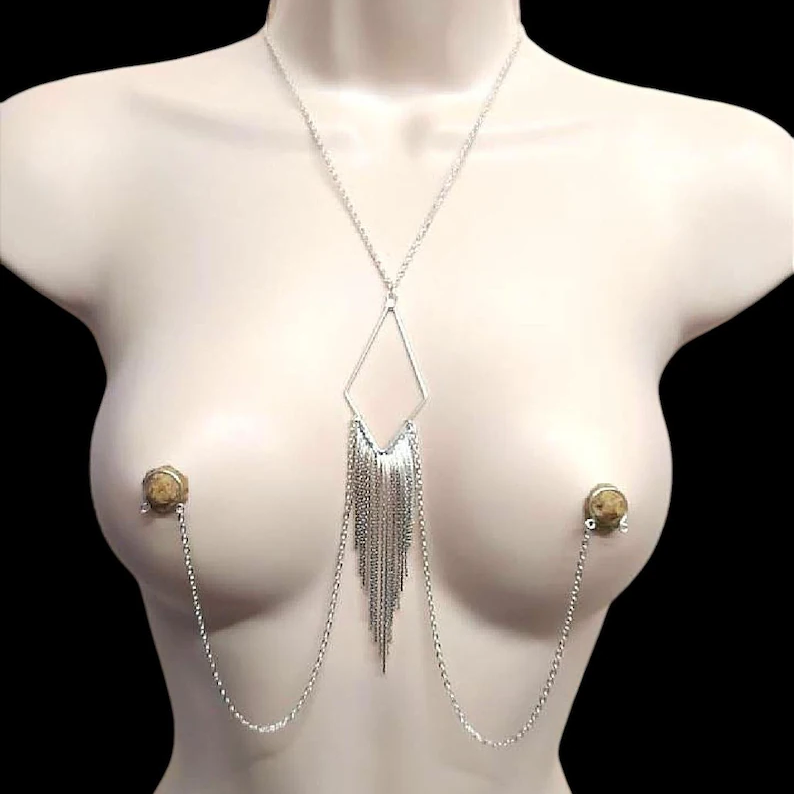 Necklace to Nipple Chain with Long Tassels Nipple Ring Adjustable Lingerie Accessories - Silver - 2 pack (one pair) - image 1