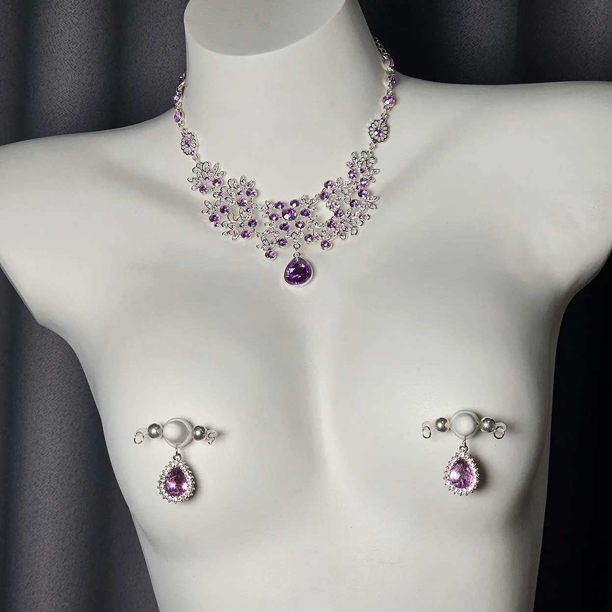 Purple Floral Rhinestone Necklace Nipple Clamp Adjustable Lingerie Accessories - image 1