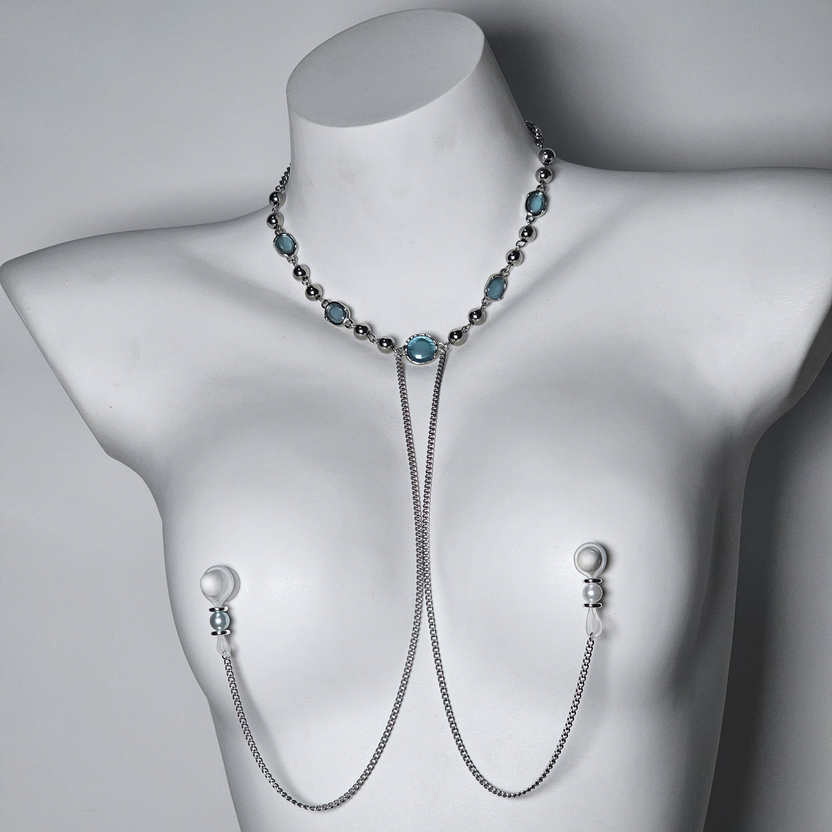 Blue Gem Adjustable Non-Piercing Nipple Rings with Choker - image 1