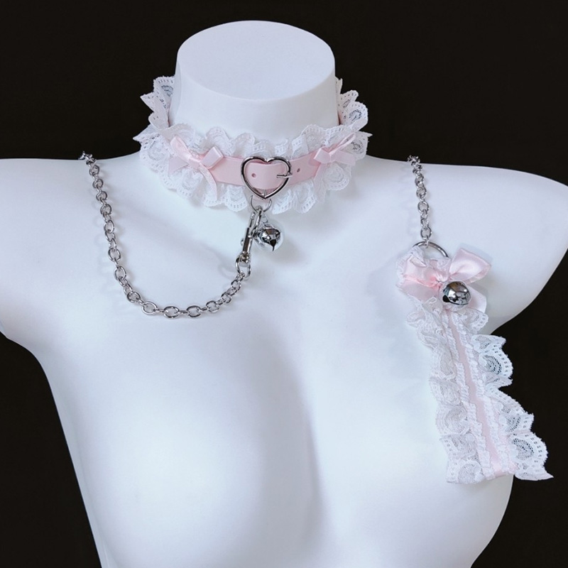 Pink Lace Bow Choker Chain Nipple Clamps Adjustable Lingerie Accessories - Choker+Chain - image 2