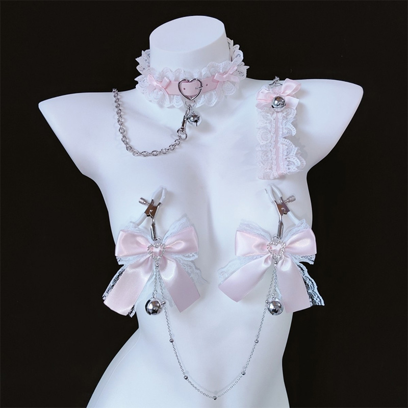 Pink Lace Bow Choker Chain Nipple Clamps Adjustable Lingerie Accessories - Choker+Chain+Nipple Clamps - image 1