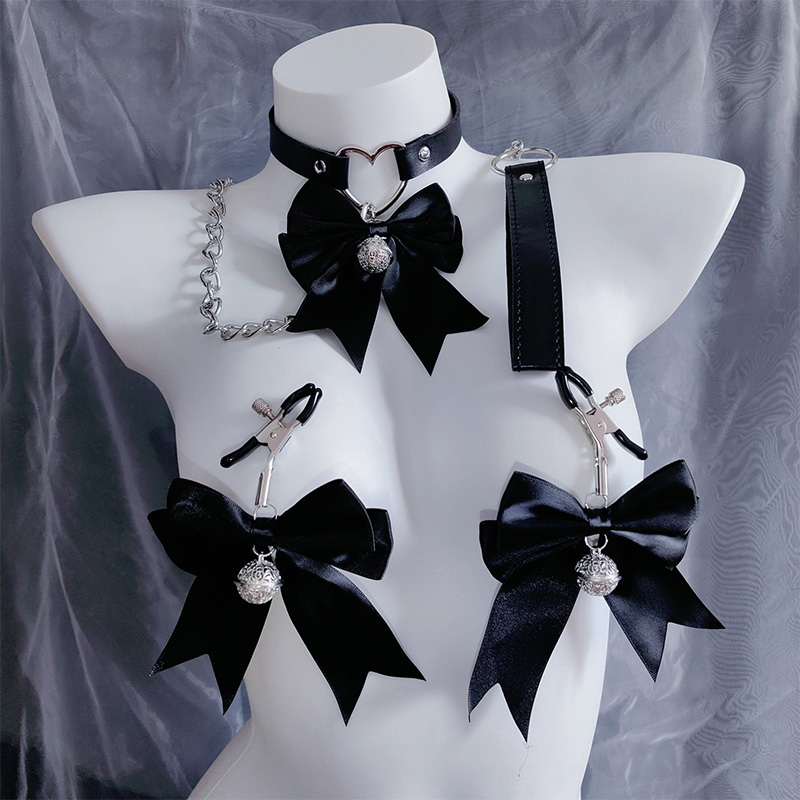 Bow Bell Choker Chain Nipple Clamps Adjustable Lingerie Accessories - Choker+Chain+Nipple Clamps - image 1