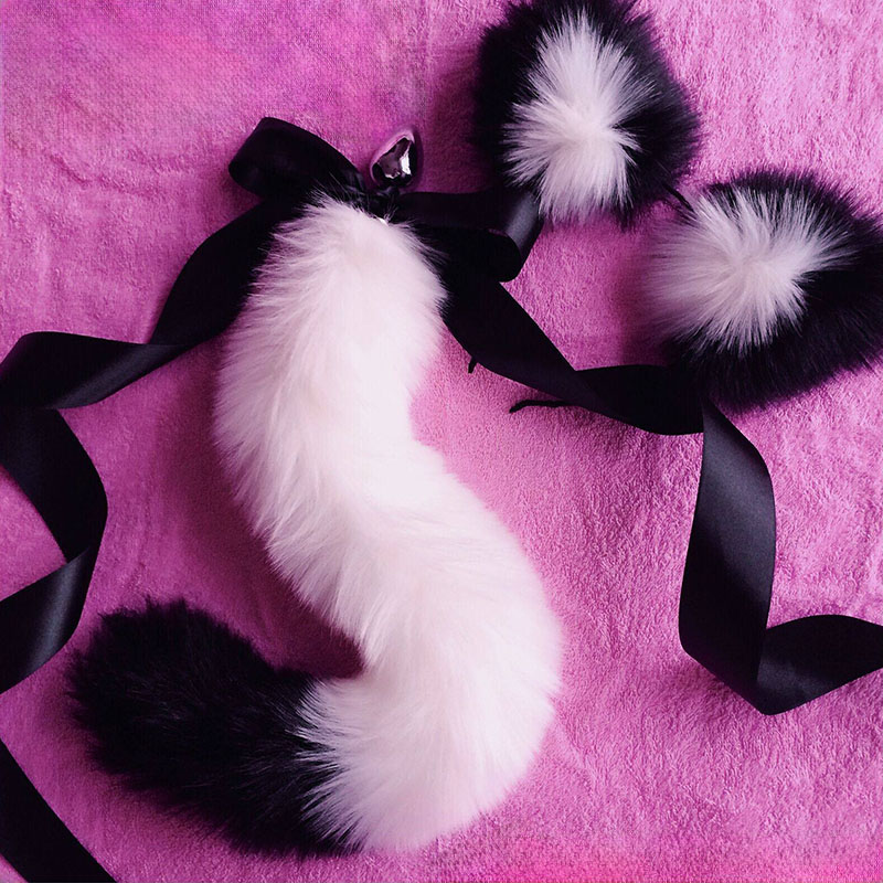 Faux Fur Tail Butt Plug Set - Diameter 2.8 cm - White & Black - image 2