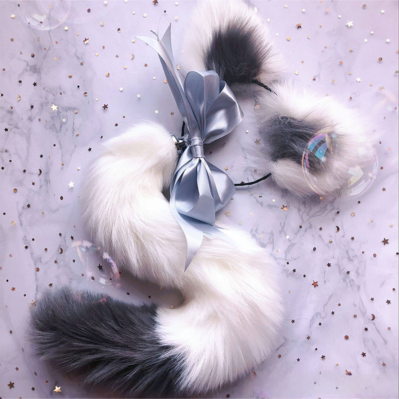 Faux Fur Tail Butt Plug Set - Diameter 2.8 cm - White & Grey - image 1