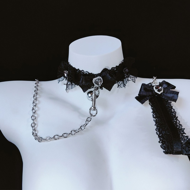Black Lace Choker Chain Nipple Clamps Adjustable Lingerie Accessories - Choker + Chain - image 2