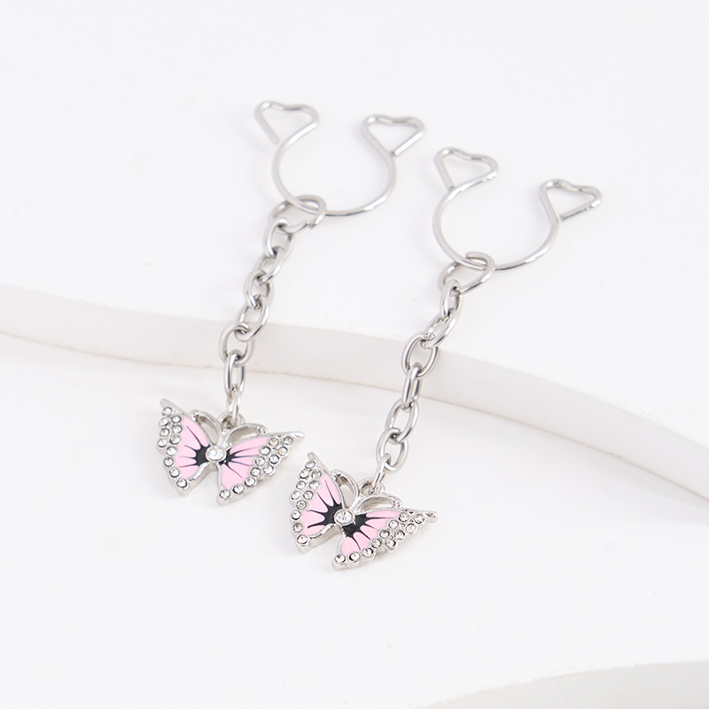 Pink Rhinestone Butterfly Chain Adjustable Non-Piercing Nipple Rings - image 3