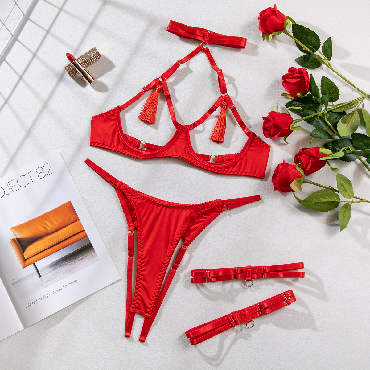 Cut Out Tassel Lingerie Set - Red - XL - image 2