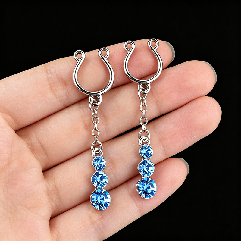 Blue Rhinestone Dangle Adjustable Non-Piercing Nipple Rings - image 2