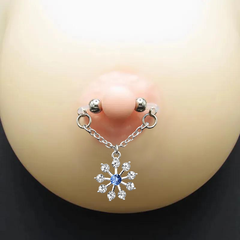 Blue Rhinestone Snowflake Chain Barbell Adjustable Non-Piercing Nipple Rings - image 2