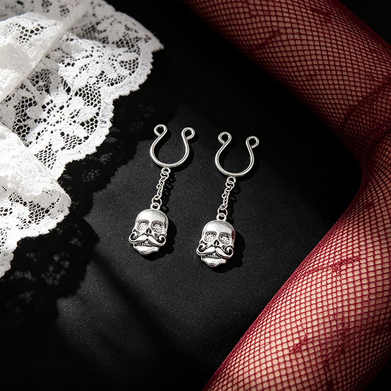 Mustache Skull Chain Clip-On Adjustable Non-Piercing Nipple Rings - image 3