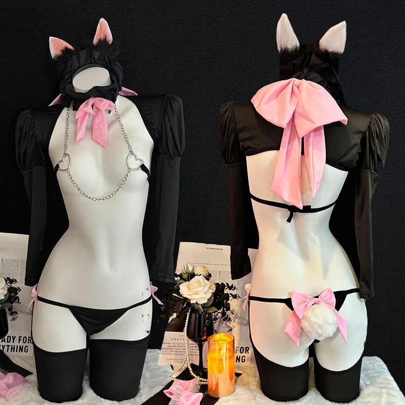 Kitty Bow Hollow Out Chain Lingerie Set - Black - 3XL - image 1