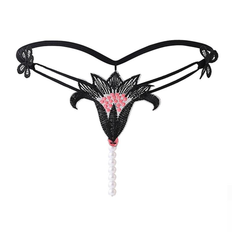 Bow Lace Pearl G-String - Black C - image 3
