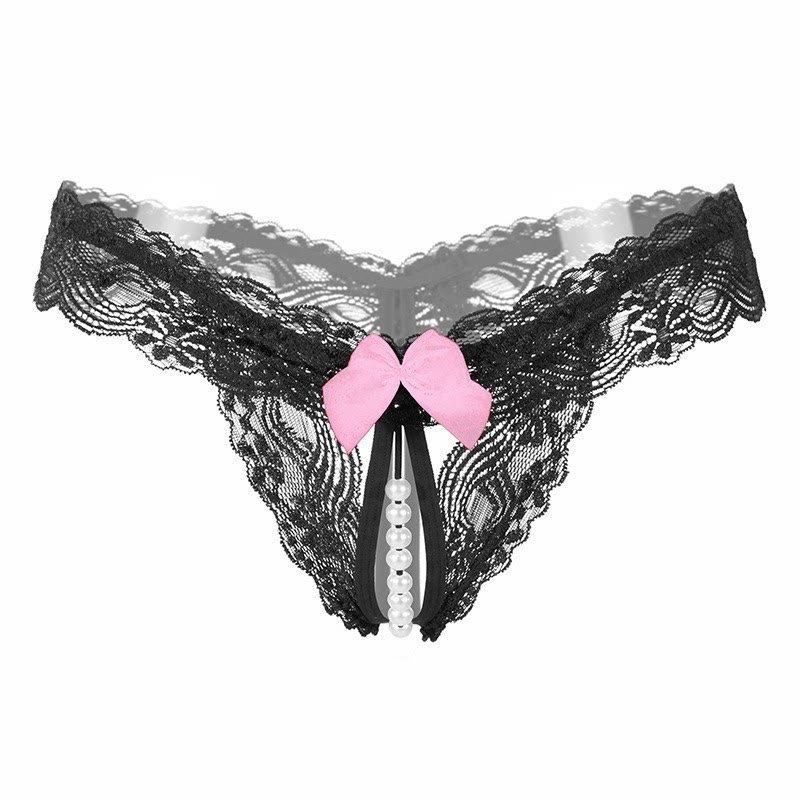 Bow Lace Pearl G-String - Black B - image 2