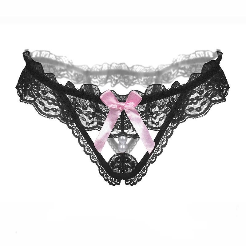 Bow Lace Pearl G-String - Black A - image 1