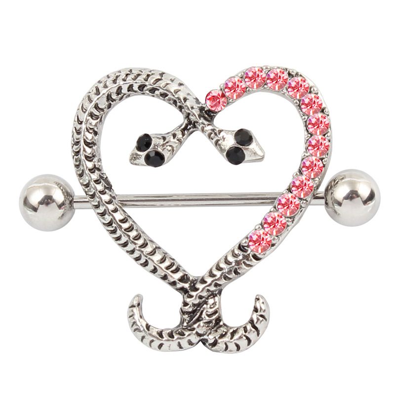 Crystal Double Serpent Heart Barbell Nipple Rings - Deep Pink - image 5