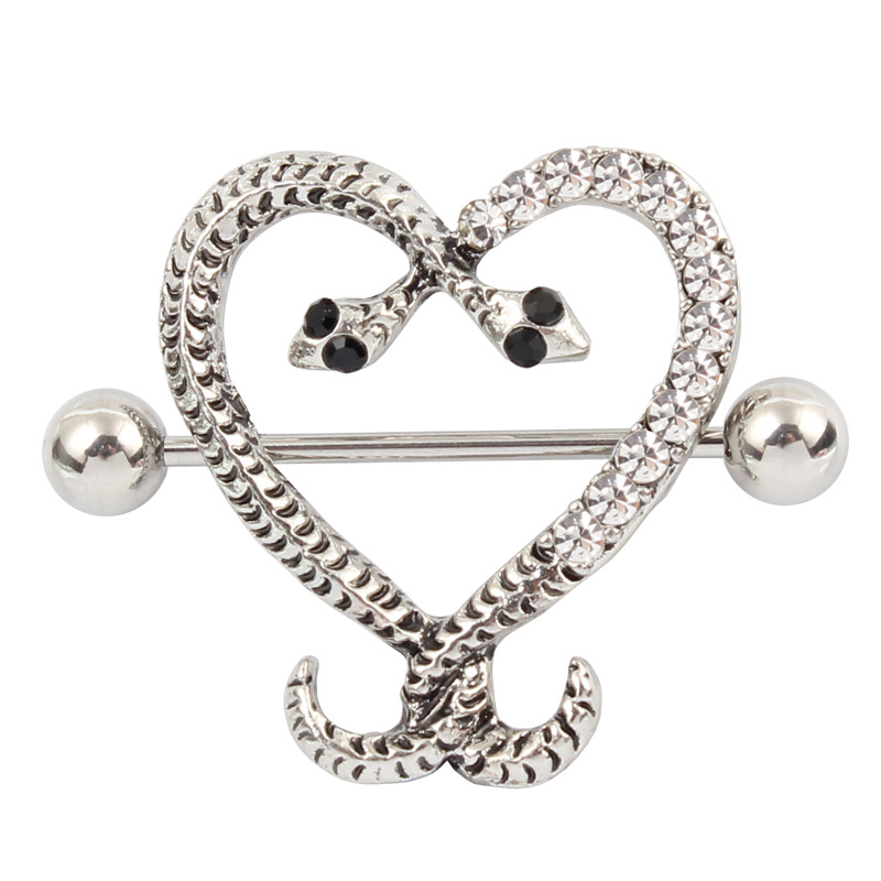 Crystal Double Serpent Heart Barbell Nipple Rings - image 1