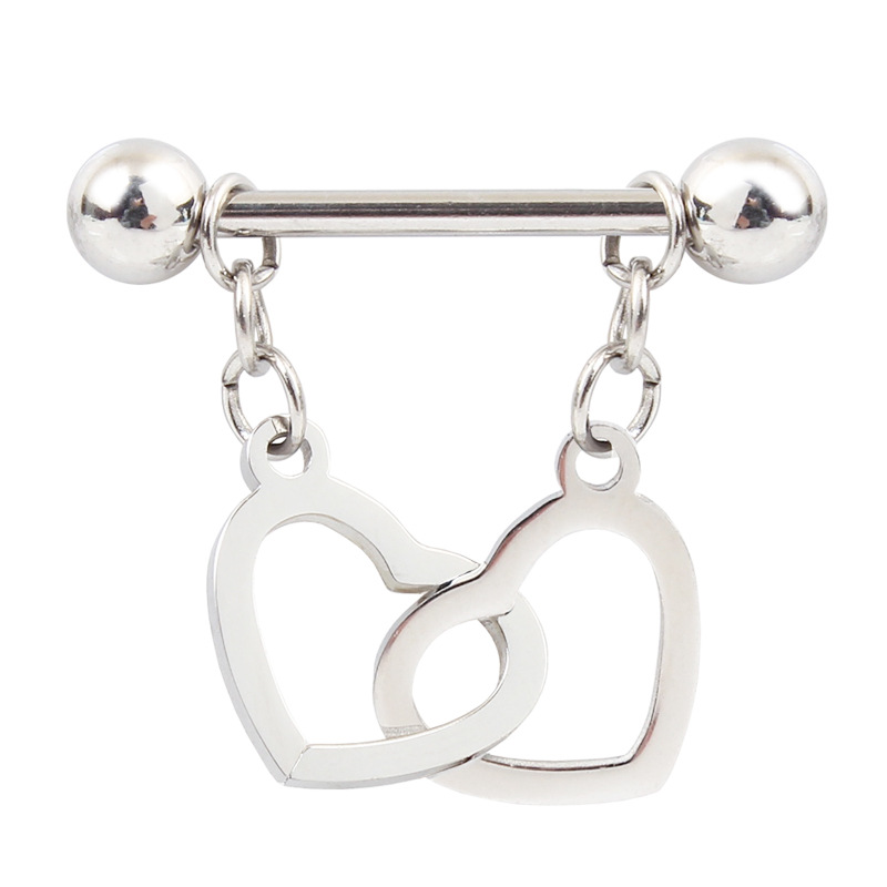 Steel Interlocking Heart Dangle Barbell Nipple Rings - Silver - image 1