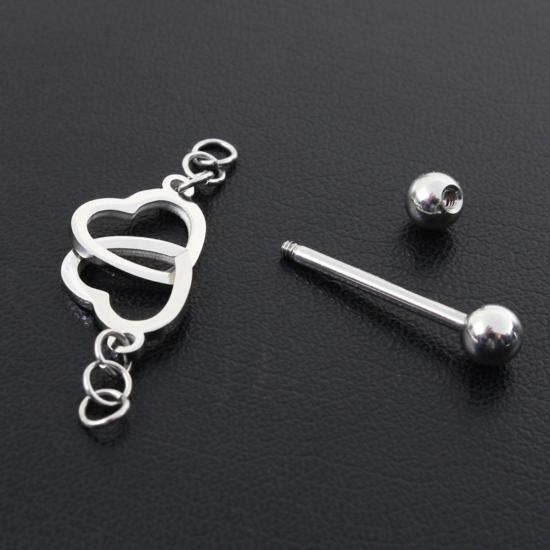Steel Interlocking Heart Dangle Barbell Nipple Rings - image 5