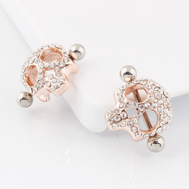 14G Gold Gem Skull Barbell Nipple Rings - image 3