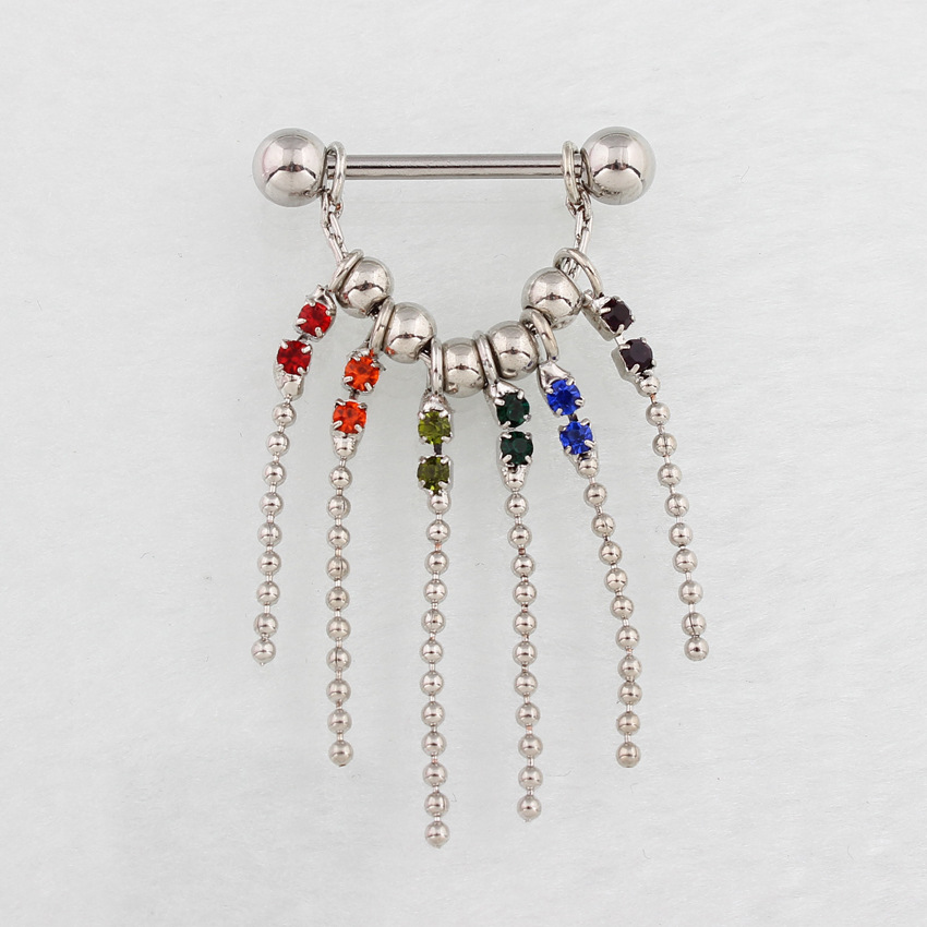 14G Rainbow Gem Chain Dangle Barbell Nipple Rings - image 1