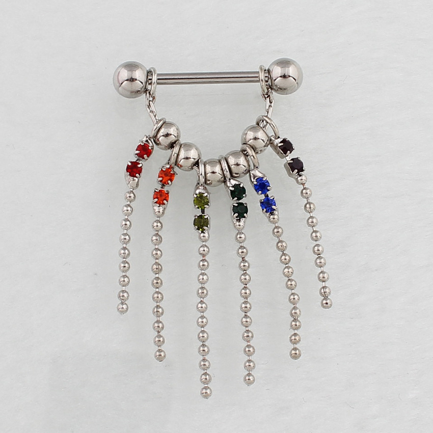 14G Rainbow Gem Chain Dangle Barbell Nipple Rings - Rainbow - image 6