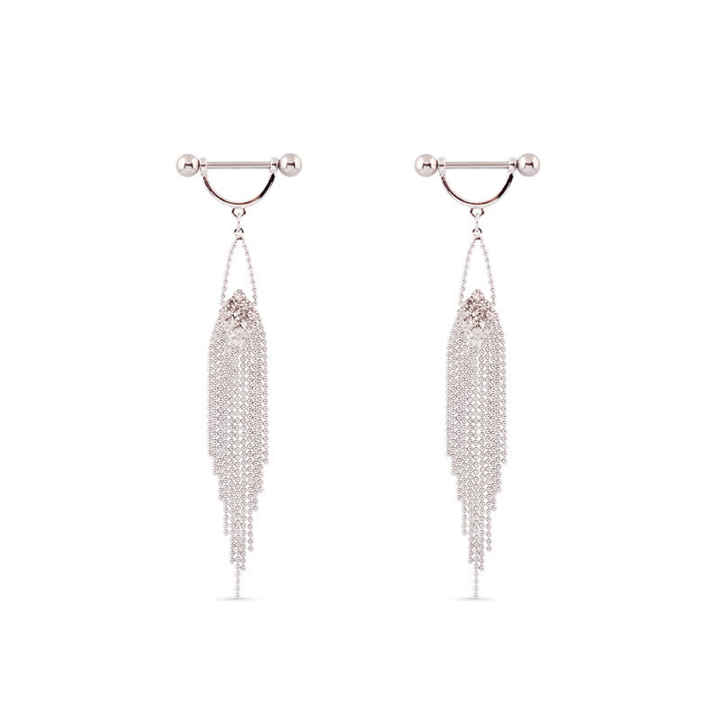 14G Crystal Dangle Tassel Barbell Nipple Rings - Silver - image 2