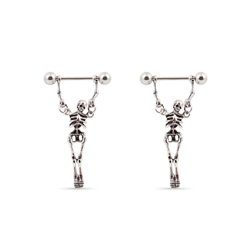 16G Gem Gothic Skull Barbell Nipple Rings - Silver - image 2