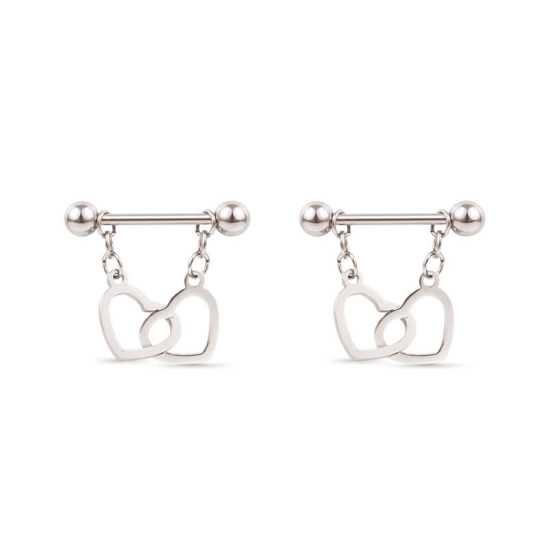 Steel Interlocking Heart Dangle Barbell Nipple Rings - Silver - image 5