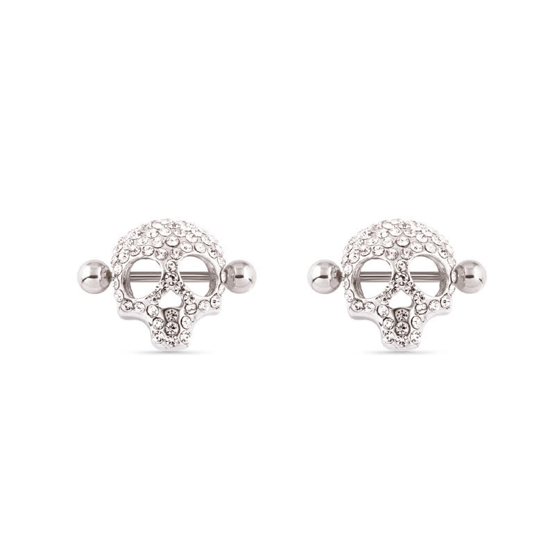 14G Gold Gem Skull Barbell Nipple Rings - White Gold - image 7