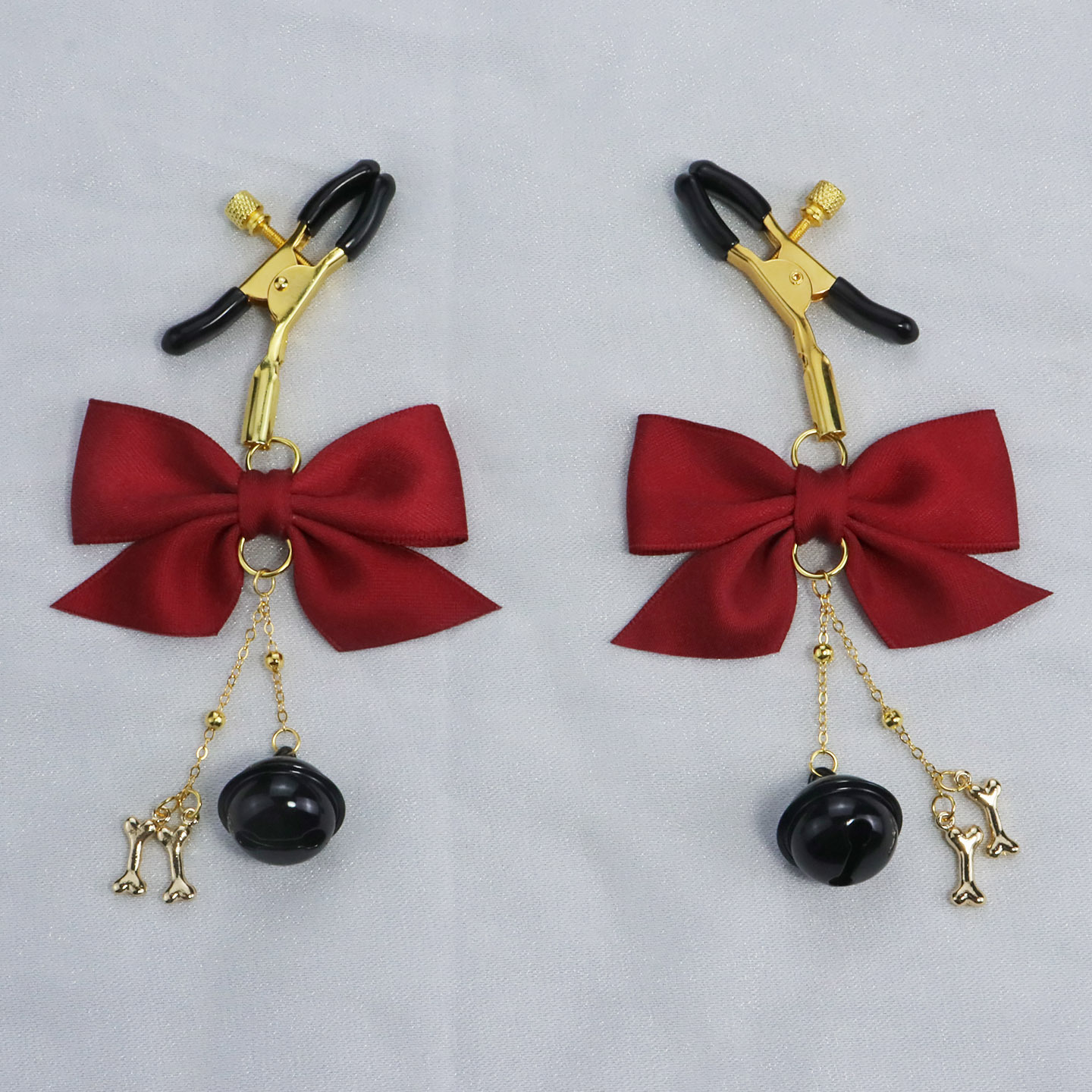 Wine Bow Black Bell & Bone Charm Nipple Rings - image 4