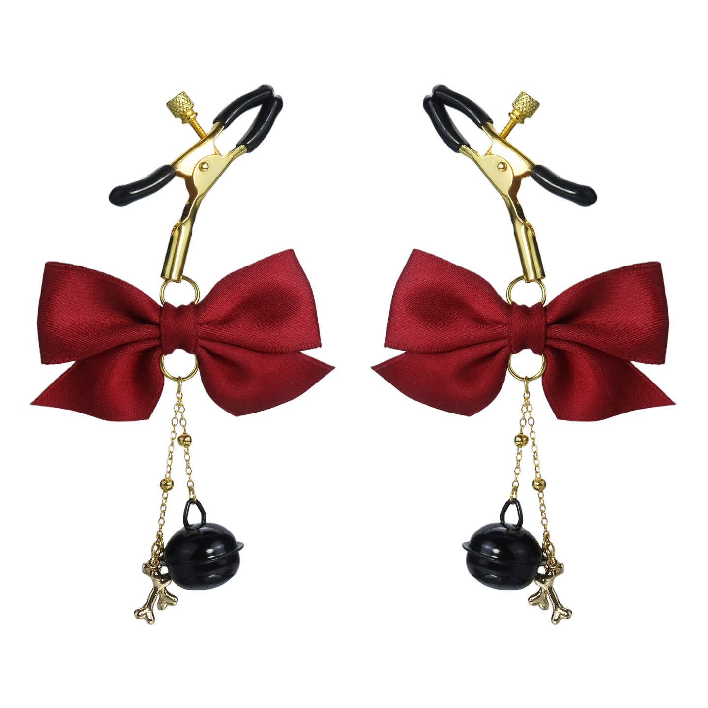 Wine Bow Black Bell & Bone Charm Nipple Rings - RedGold - image 1