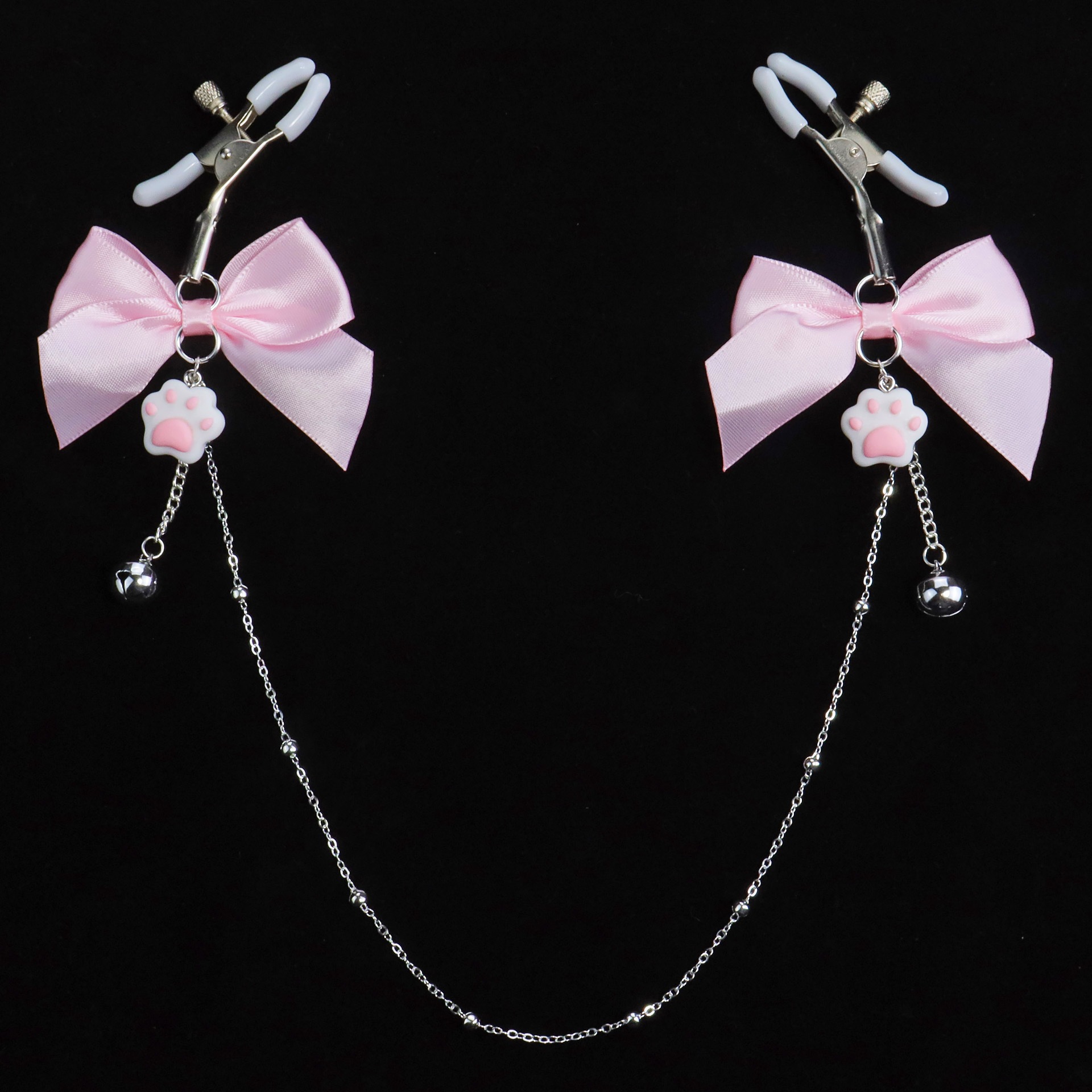 Pink Bow Cat Paw & Bell Nipple Rings with Chain - image 4