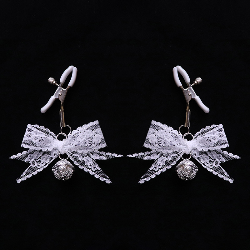White Lace Bow Silver Bell Nipple Rings - White - image 2