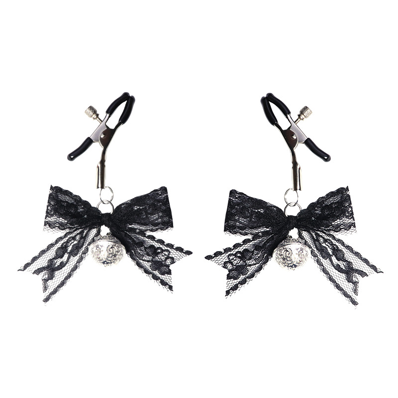 White Lace Bow Silver Bell Nipple Rings - Black - image 1