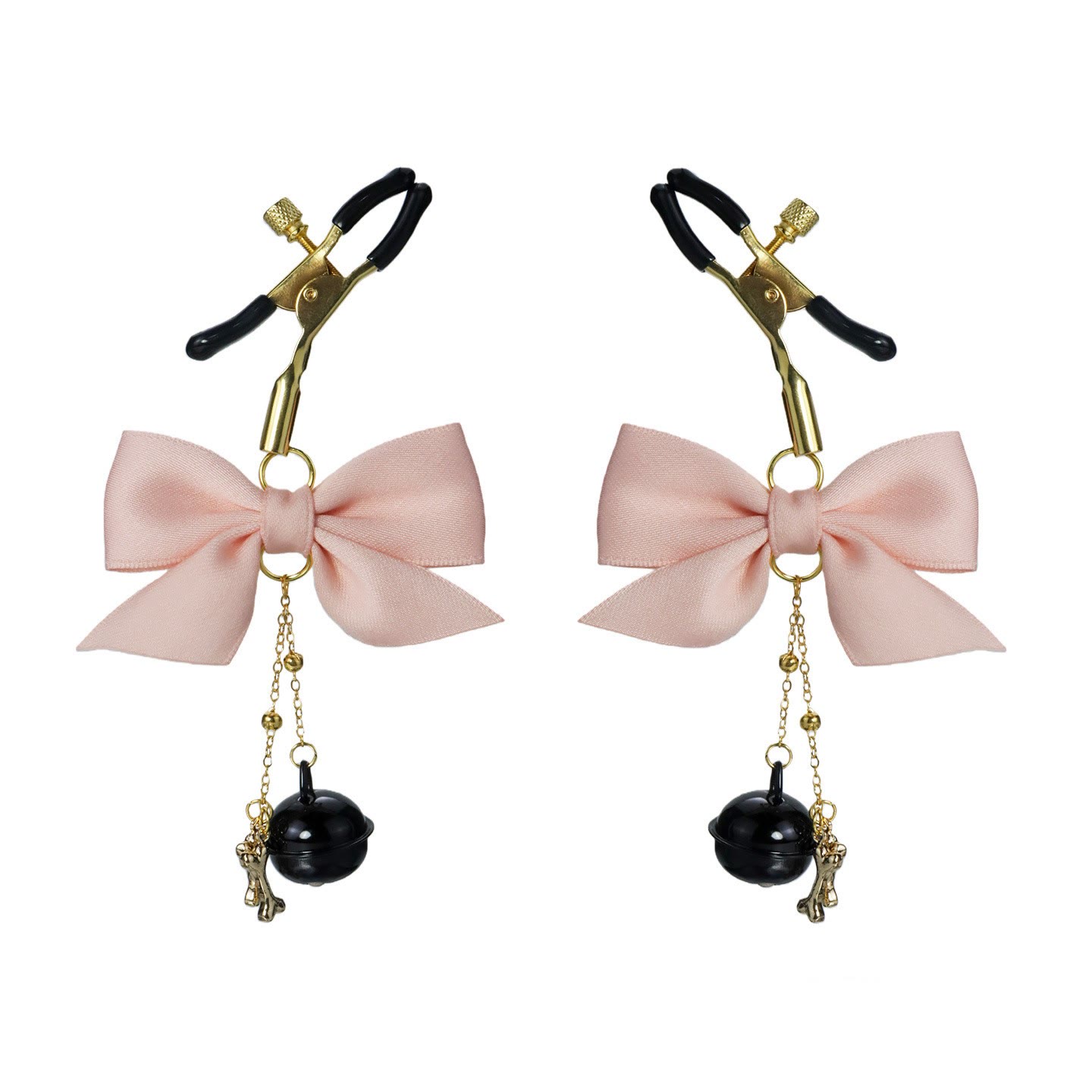 Wine Bow Black Bell & Bone Charm Nipple Rings - PinkGold - image 2