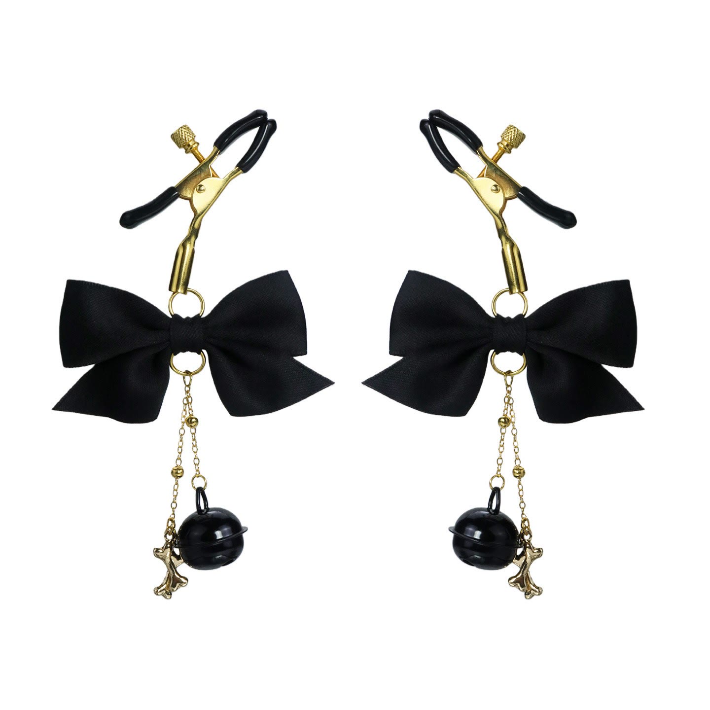 Wine Bow Black Bell & Bone Charm Nipple Rings - BlackGold - image 3